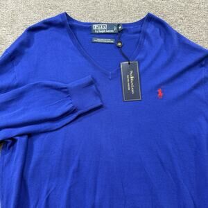 Polo Ralph Lauren V Neck Sweater Mens Medium Blue 100% Pima Cotton Exclusive